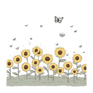 A field of sunflowers with butterflies flying above.
