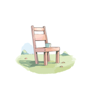 A wooden chair with a cup on it is placed outdoors, likely in a field or garden.