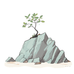A small tree grows atop a large gray rock.