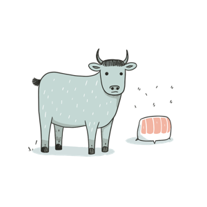 Illustration of a cow contemplating sushi.