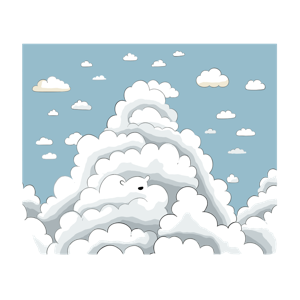 The image is an illustration of a cloud formation that looks like a cartoon bear in a blue sky with smaller clouds.
