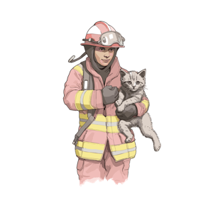 A firefighter holding a kitten.