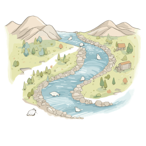 The image is a peaceful illustration of a river flowing past a small cabin with fish in the water, surrounded by mountains.