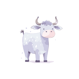 A cartoon cow with a whimsical design.