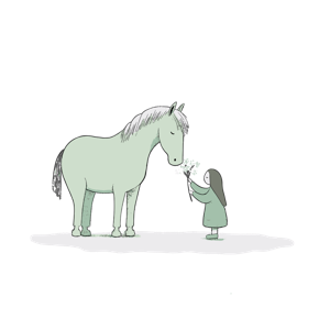 A child offering flowers to a horse.