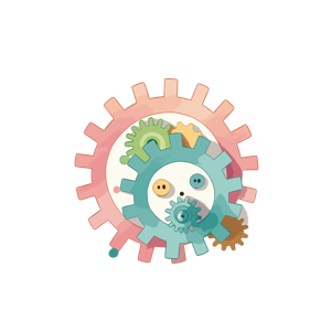 A playful illustration of colorful, cartoon-style gears with a central gear that resembles a face.