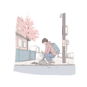 A person is crouching on a street corner by a streetlight pole, looking at something on the ground near some urban greenery, with houses and a flowering tree in the background.