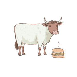 Illustration of a cow and a cheeseburger.
