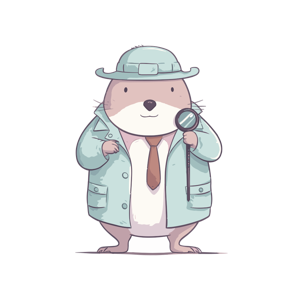 A cartoon otter dressed as a detective holding a magnifying glass.