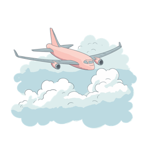 An illustrated pink airplane flying above clouds.