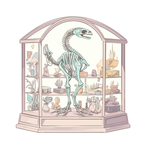 Illustration of a dinosaur skeleton in a display cabinet with various artifacts.