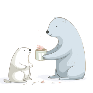 A larger polar bear is giving a cupcake to a smaller polar bear.
