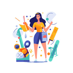 A colorful illustration of a woman surrounded by creative and scientific elements.