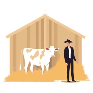 A man in a suit and a cow inside a barn.