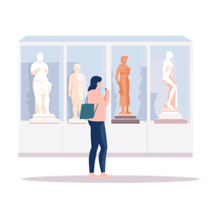 A visitor is examining sculptures in a museum or gallery setting, possibly taking notes or drawing.