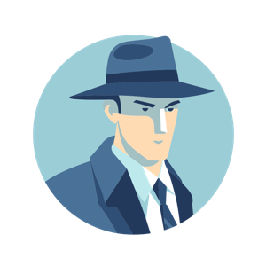 The image is an illustration of a man in a hat and suit, with a vintage detective vibe