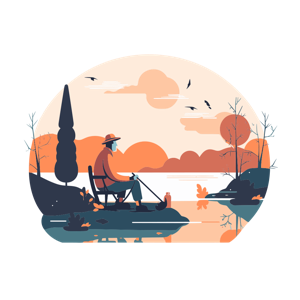 A person fishing by a lake during sunset or sunrise in autumn.