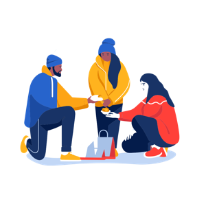 Three people in winter attire exchanging cups of a hot beverage outdoors.