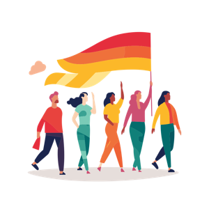 A group of illustrated characters marching with a colorful flag.