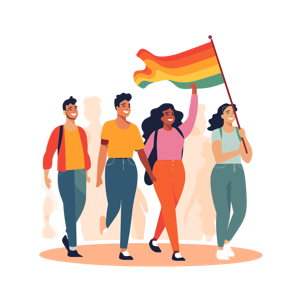 A group of animated characters is walking together, one holding a rainbow flag, symbolizing pride and solidarity.