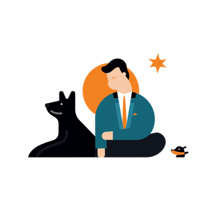 A man meditating with a dog at his side and a small bird nearby, all set against a minimalistic backdrop with a circular orange element.