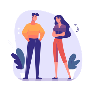 A stylized illustration of two people standing, possibly in a state of mild disagreement or contemplation, with simplistic plant elements in the background.