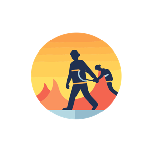 A stylized illustration of an adult leading a child by the hand against a fiery backdrop within a circular frame.