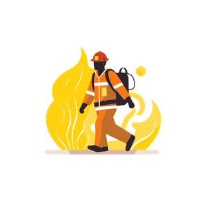 A graphic illustration of a firefighter walking in front of flames.
