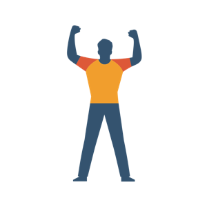 A simplified illustration of a victorious person with arms raised.