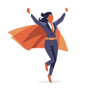 A stylized illustration of a joyful businesswoman with a superhero cape.