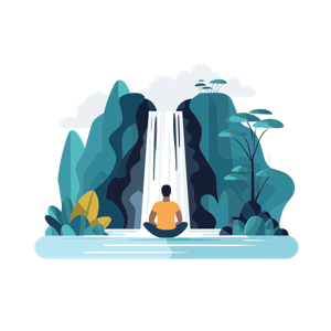 A person is depicted meditating by a waterfall between cliffs.