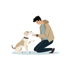 A man is giving a treat to a dog.