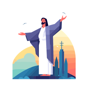 The image depicts a stylized representation of Jesus Christ with arms outstretched in front of a sunset or sunrise, with church silhouettes and flying birds in the background.