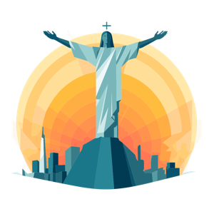 A graphic illustration of the Christ the Redeemer statue with a stylized cityscape and a radiant background.