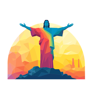 A stylized, colorful representation of the Christ the Redeemer statue at sunset.