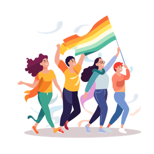 A group of animated characters is celebrating with a rainbow flag.