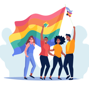 The image depicts a group of people celebrating with a rainbow flag.