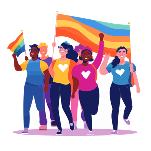 Group of animated characters with pride flags promoting LGBTQ+ rights.