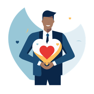 A smiling man dressed in a business attire holding a big heart symbol with smaller hearts inside, conveying love or care.