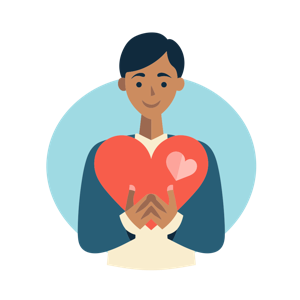 An illustration of a person holding a large heart.