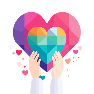 The image depicts two hands holding a colorful geometric heart, surrounded by small hearts.
