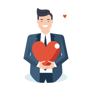 A smiling illustrated man holding a red heart.