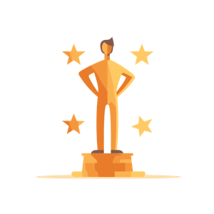 A stylized figure on a pedestal surrounded by stars, symbolizing achievement.