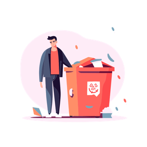 A man stands by an overflowing red trash bin with an ecological symbol.