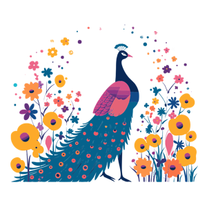 A stylized peacock among colorful flowers.