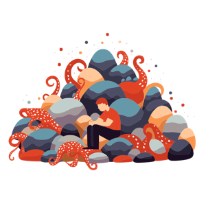 A person sitting among stones and octopuses.