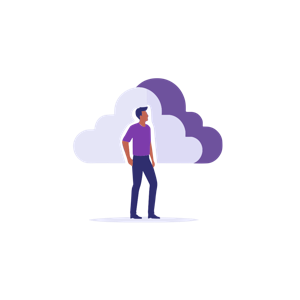 A person and a large cloud in a minimalistic illustration.