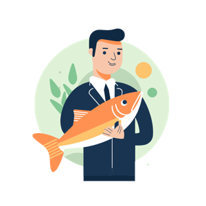 A smiling person in a suit holding a big fish.