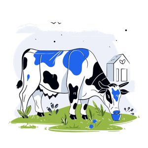 A stylized illustration of a cow on a farm.
