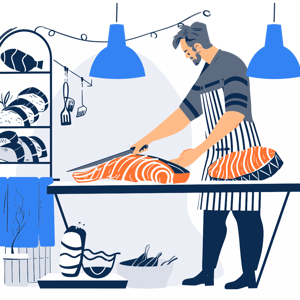 A chef preparing fish in a kitchen.